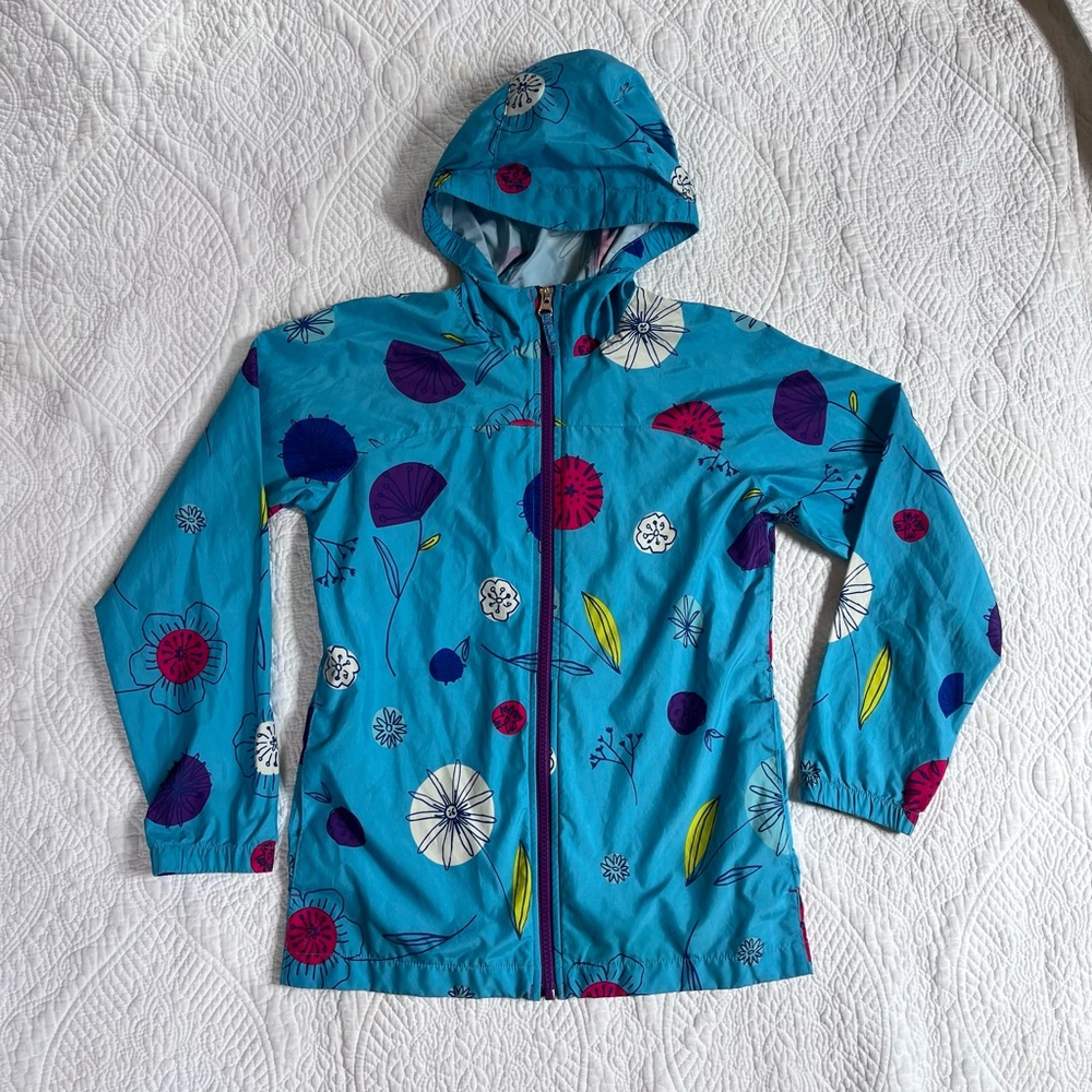 Lands End Girls Windbreaker Rain Jacket Size Small 7 8 Blue Floral Print